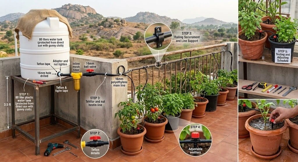 drip irrigation system installetion steps on Indian balcony containers