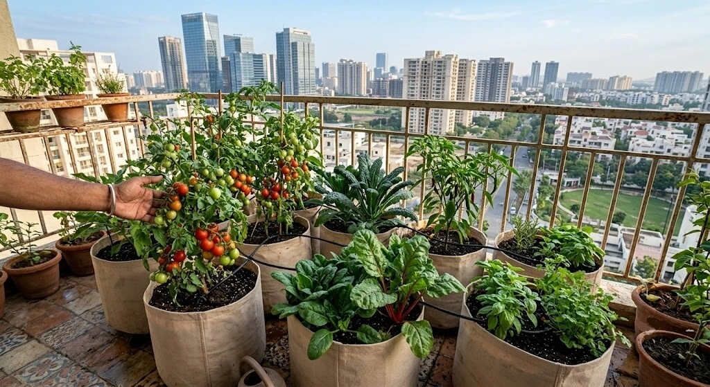 fabric grow bags on high rise Indian balcony for cooling