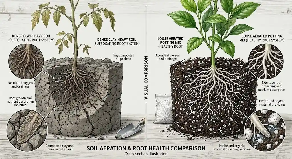 Close-up cross-section of compacted garden soil in container vs well-draining potting mix