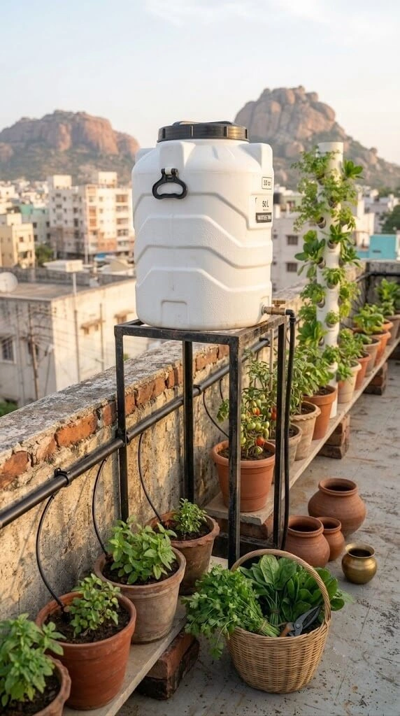 50L gravity fed drip irrigation tank on metal stand India