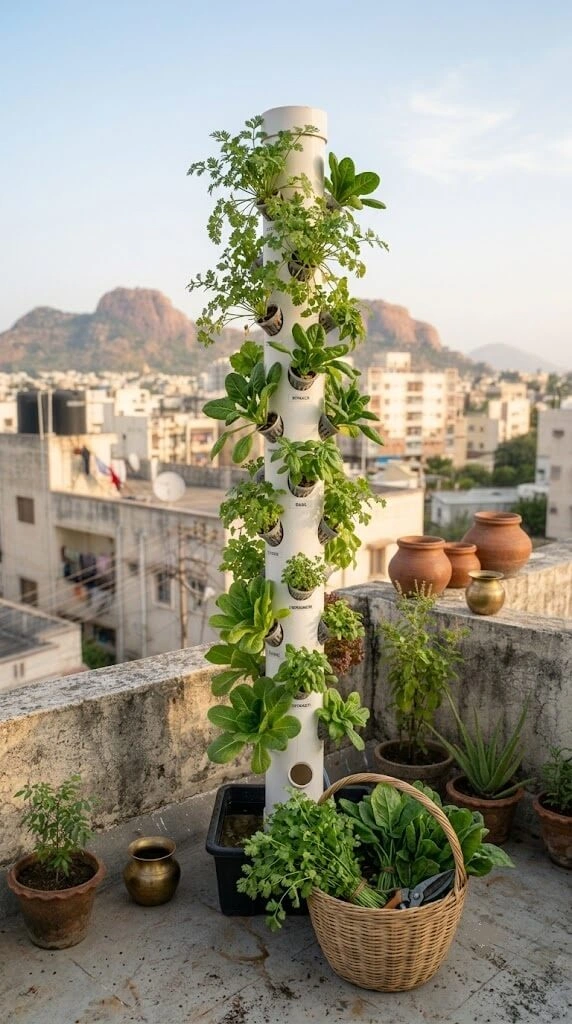 Freshly harvested coriander and spinach from a thriving balcony hydroponic tower