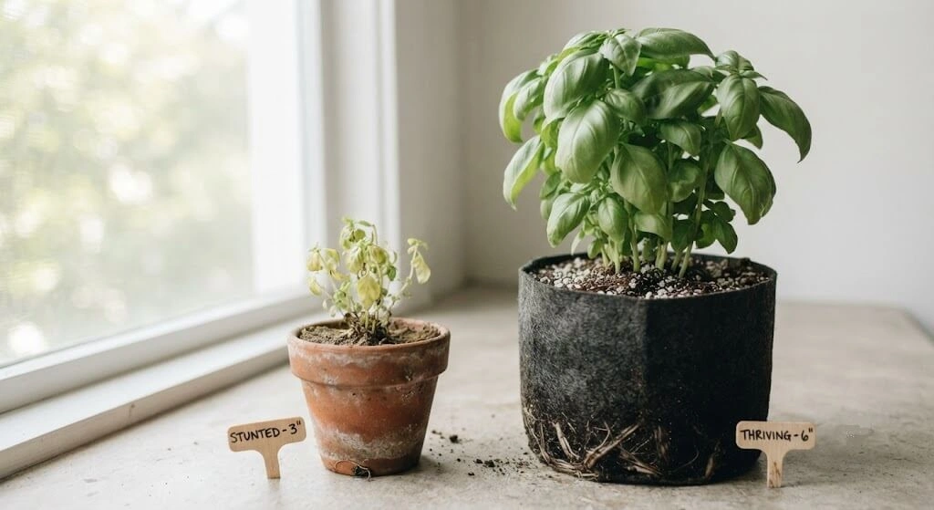 Small versus large pot comparison showing basil growth difference