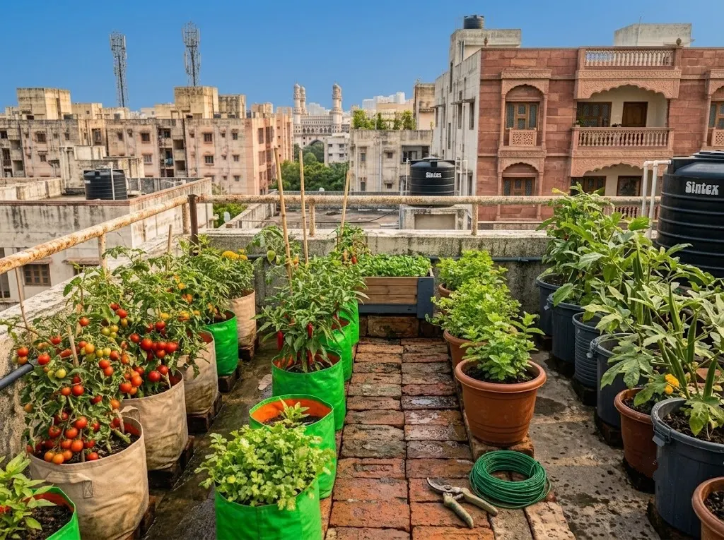 Modular rooftop vegetable garden installation on an Indian apartment building