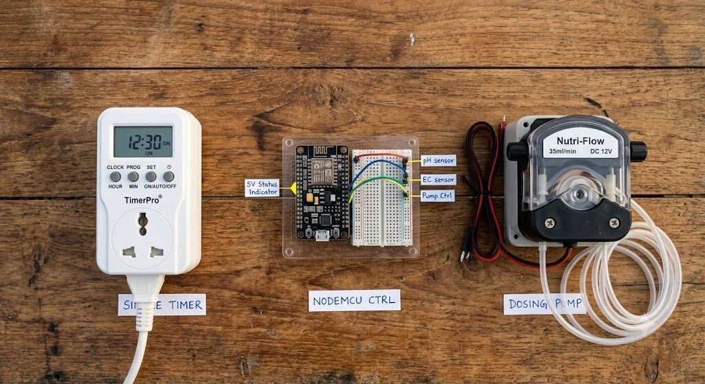 Hydroponic automation components arranged by complexity from digital timer to dosing pump