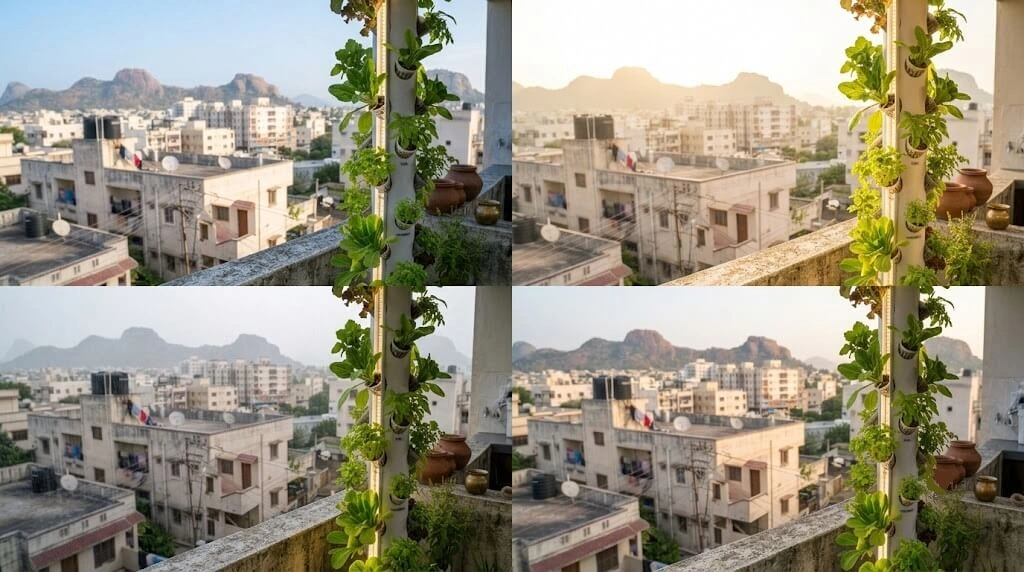 Balcony hydroponic tower shown across the four seasons in India