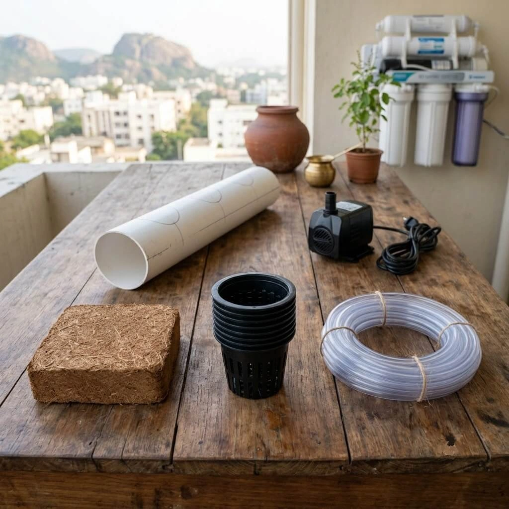Flat-lay of DIY hydroponic materials including PVC pipe, submersible pump, coco coir, and net pots