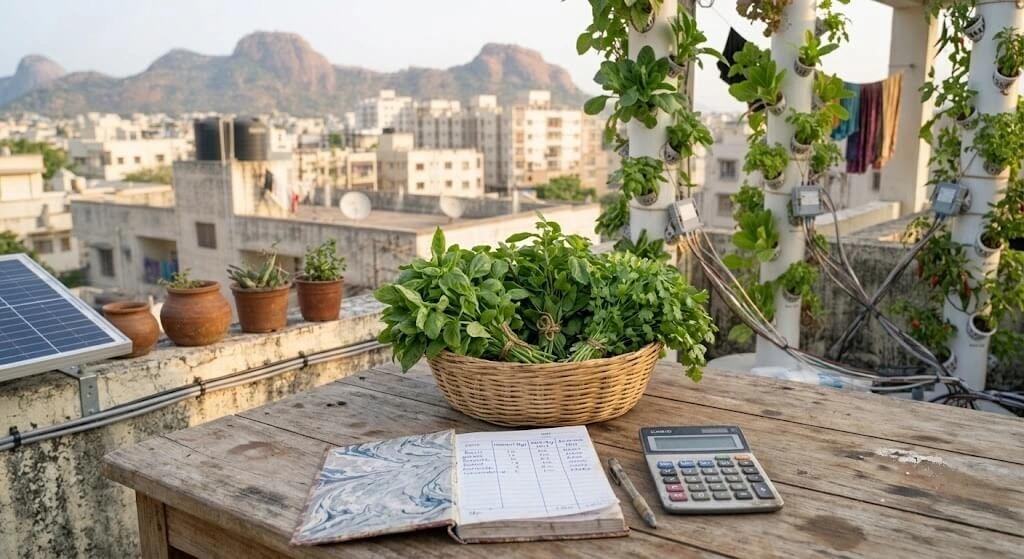 Ledger notebook and calculator beside a basket of harvested basil and coriander