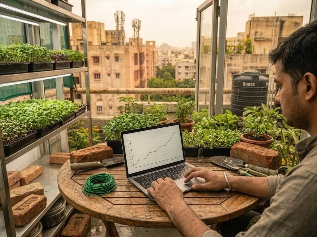 Urban farming entrepreneur reviewing business growth on a laptop