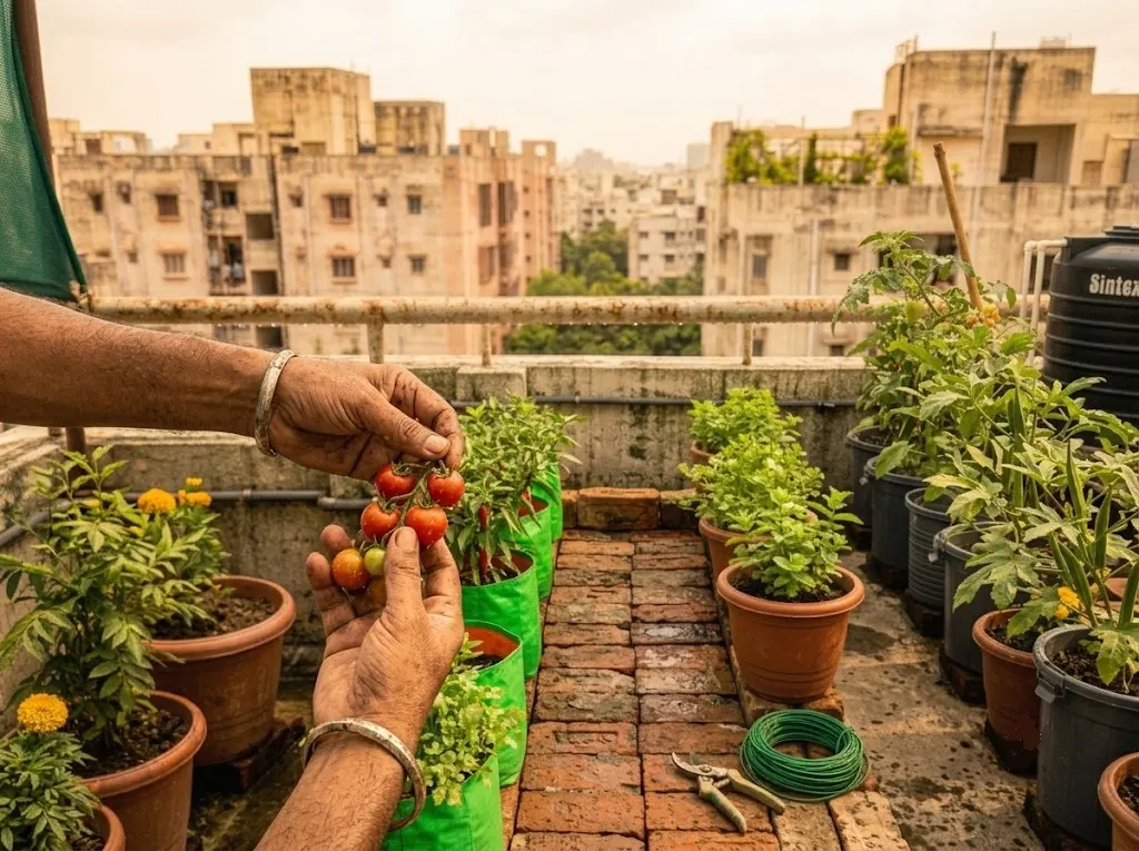 "Indian family harvesting vegetables from their home kitchen garden