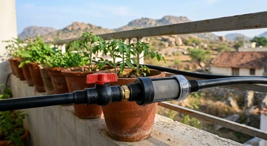 inline mesh filter and ball valve drip irrigation connection