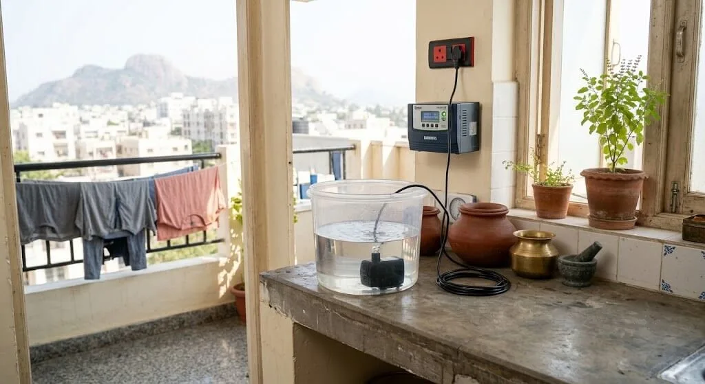 Hydroponic pump connected to a household inverter for power backup