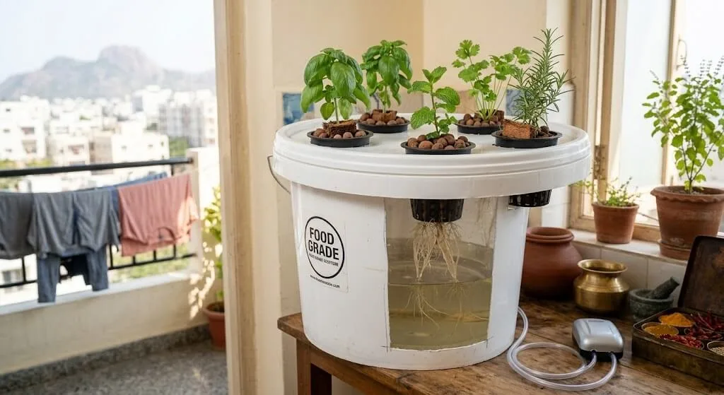Simple Kratky method hydroponic bucket setup for Indian beginners