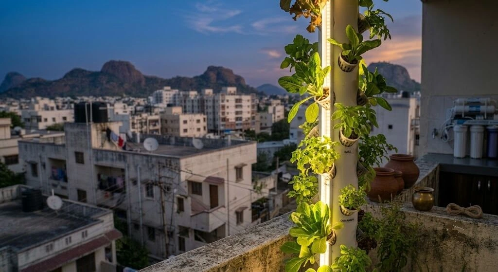 Hydroponic tower with seedlings growing under a warm-white LED grow light