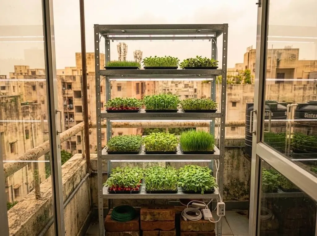 Small-scale microgreens shelving setup for an Indian startup business