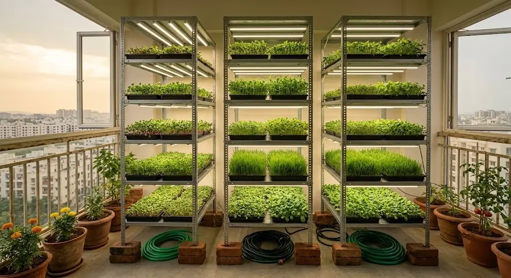 Microgreens growing trays set up for a small Indian business