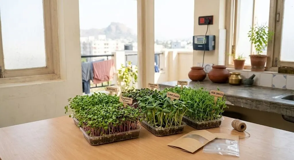 Microgreens trays ready for sale from a home hydroponic setup