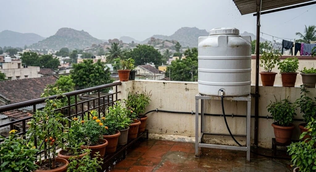 covered drip irrigation tank during Indian monsoon season