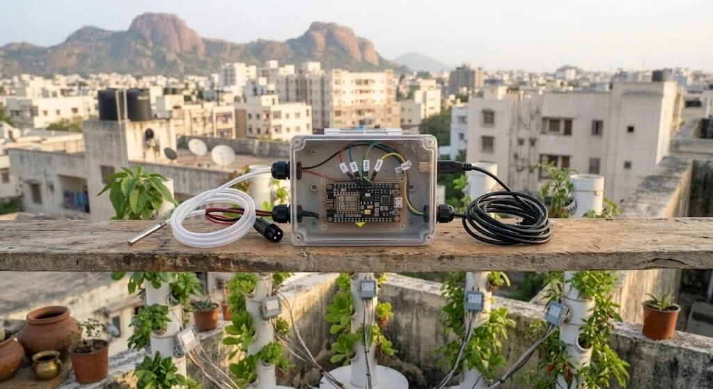 NodeMCU microcontroller with temperature probe and TDS sensor for hydroponic monitoring