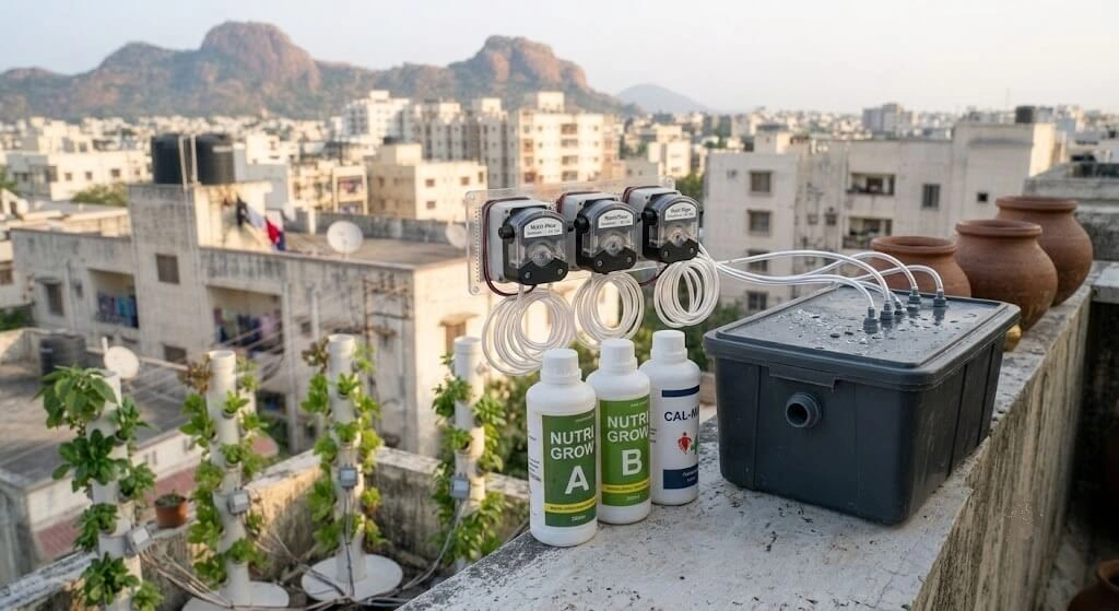 Peristaltic pumps automatically dosing nutrient solution into a hydroponic reservoir
