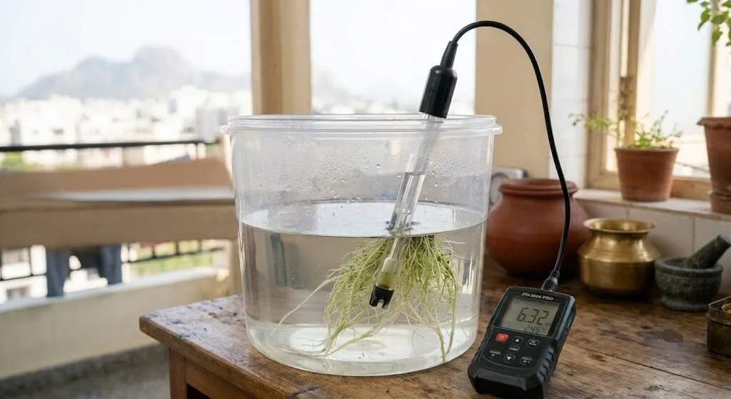 Testing pH and EC of hydroponic nutrient solution