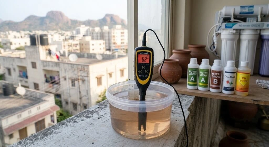 Digital pH meter testing nutrient solution in a hydroponic reservoir