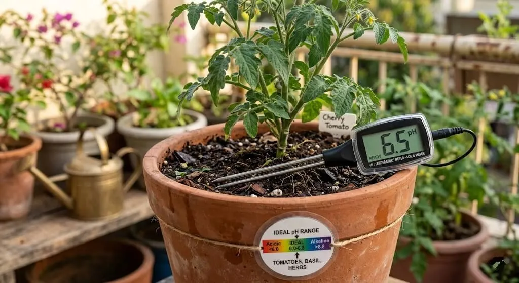Digital pH meter probing container soil showing 6.5 — ideal range for vegetables