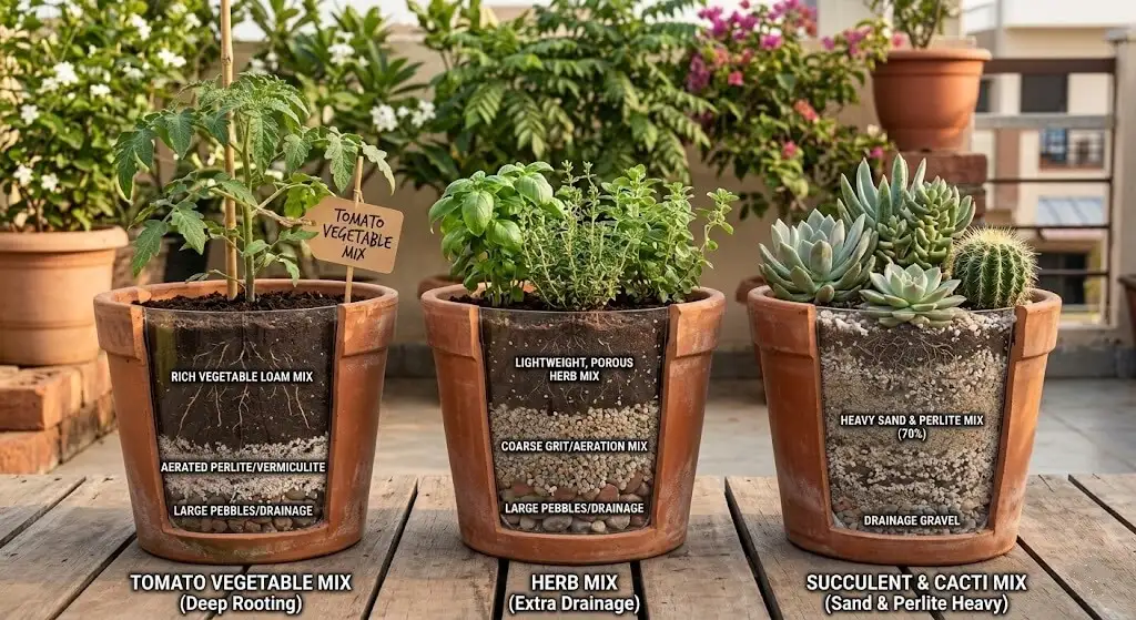 Three containers side by side showing different soil setups for tomato, herbs, and succulents