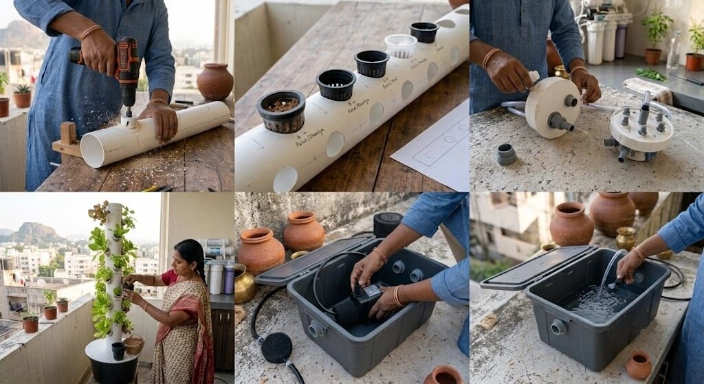Hands drilling net pot holes into PVC pipe while building a hydroponic tower