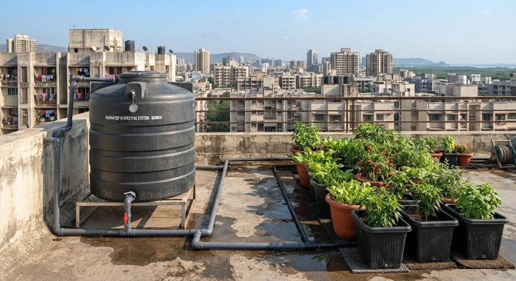"Rainwater harvesting tank connected to an Indian rooftop garden