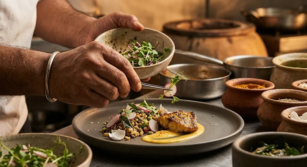 "Chef using fresh microgreens as garnish in an Indian restaurant kitchen