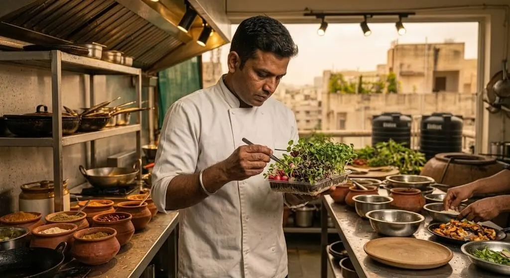Chef inspecting locally grown microgreens for restaurant use