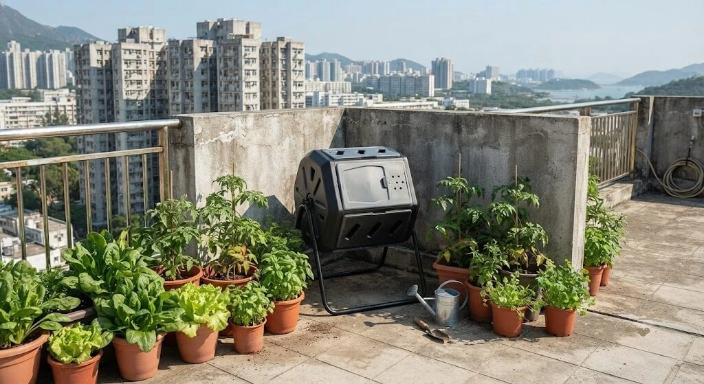 Small compost bin integrated into a rooftop garden setup