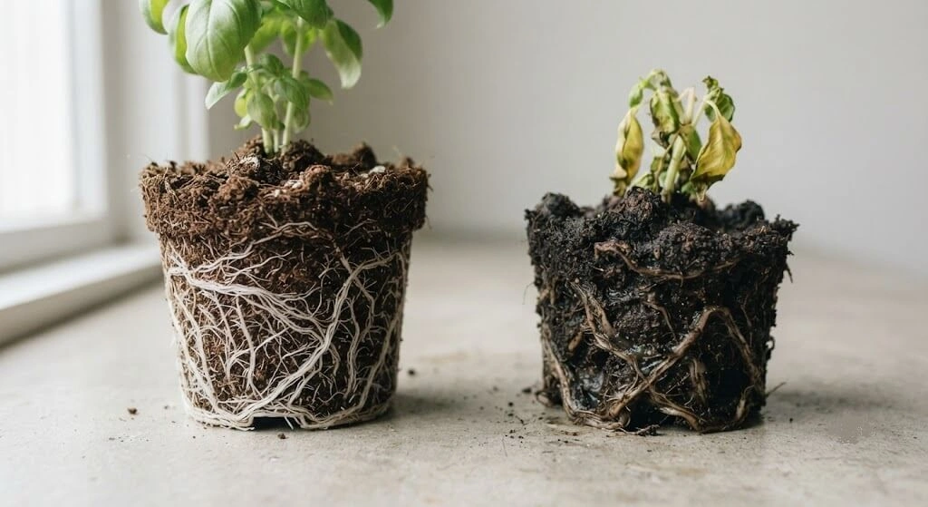 Comparison of healthy roots versus root rot from poor drainage