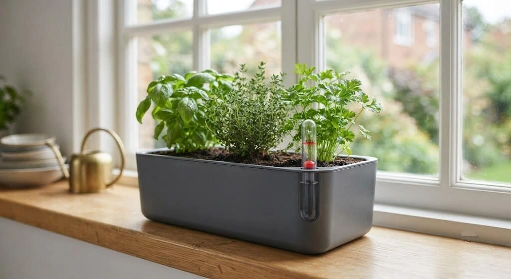 Self-watering herb pot showing water reservoir gauge