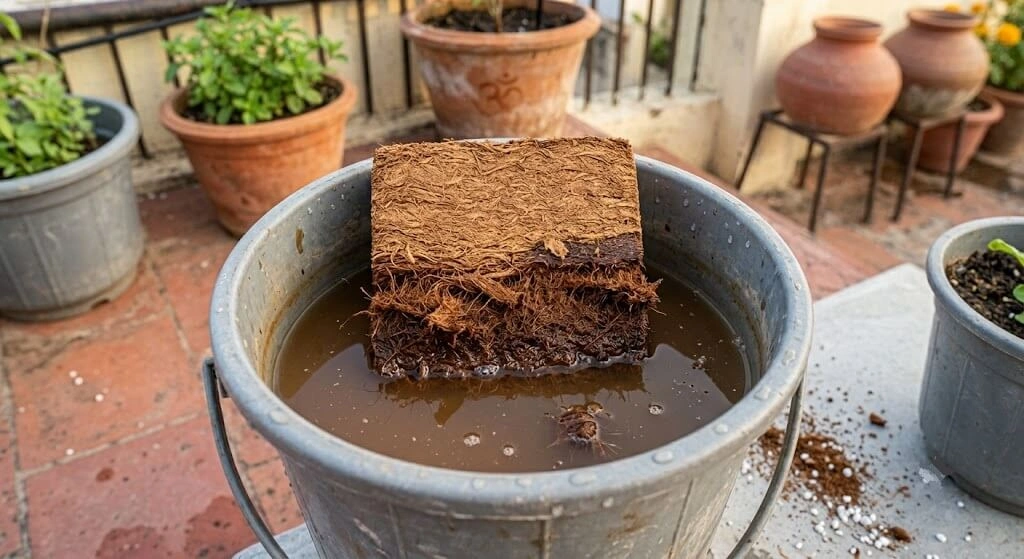 soaking compressed cocopeat block in water before mixing