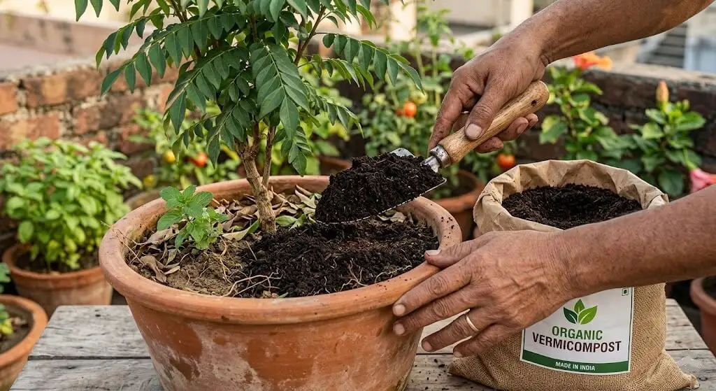 Vermicompost top-dress being applied to existing container soil — renewal vs replacement