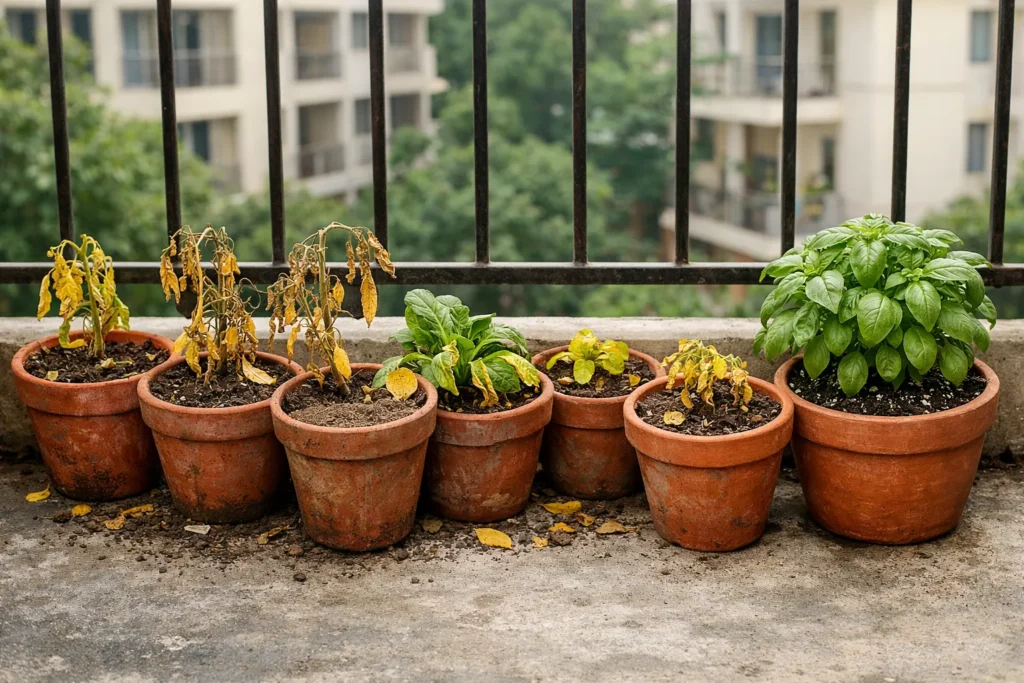 18 dead plants from wrong soil — terracotta pots with yellowed wilted plants
