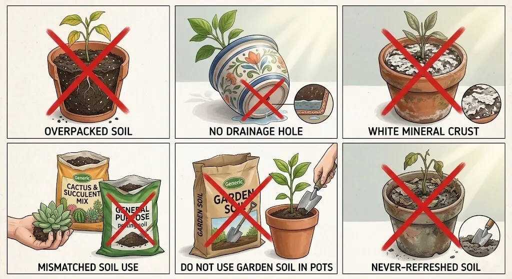 6 common soil mistakes illustrated — overpacking, no drainage, wrong pH, mixed brands