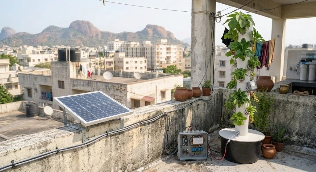 Solar panel and battery box powering a balcony hydroponic system