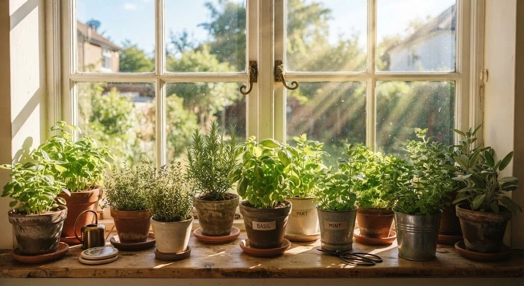 Herb pots positioned on a sunny south-facing Indian window
