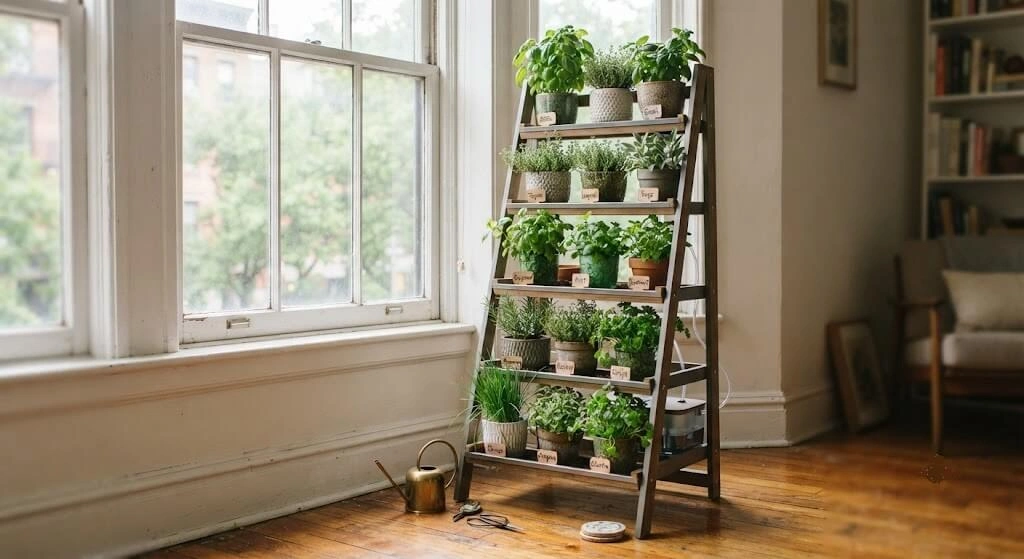 tackable vertical herb pot system maximizing windowsill space
