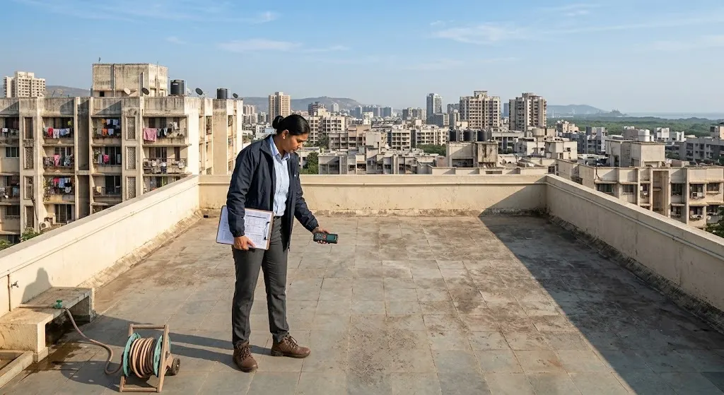Structural engineer inspecting an Indian building rooftop before garden installation