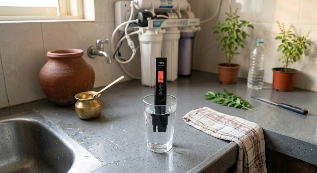 Digital TDS meter measuring tap water quality in an Indian kitchen