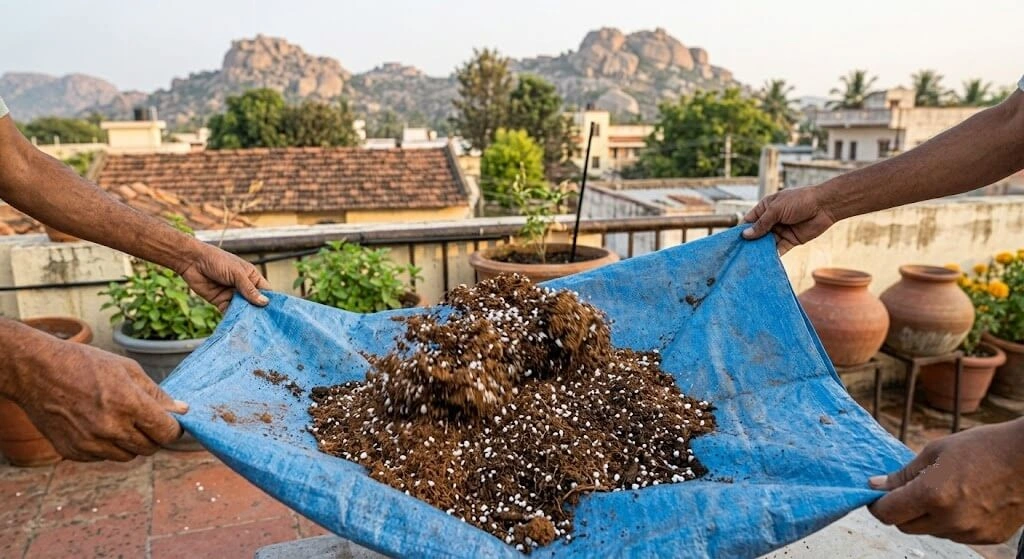 tarp tumble technique mixing DIY container soil India