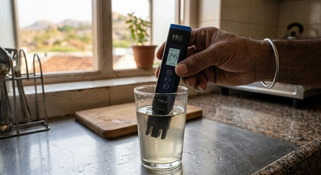 TDS meter testing tap water for drip irrigation India