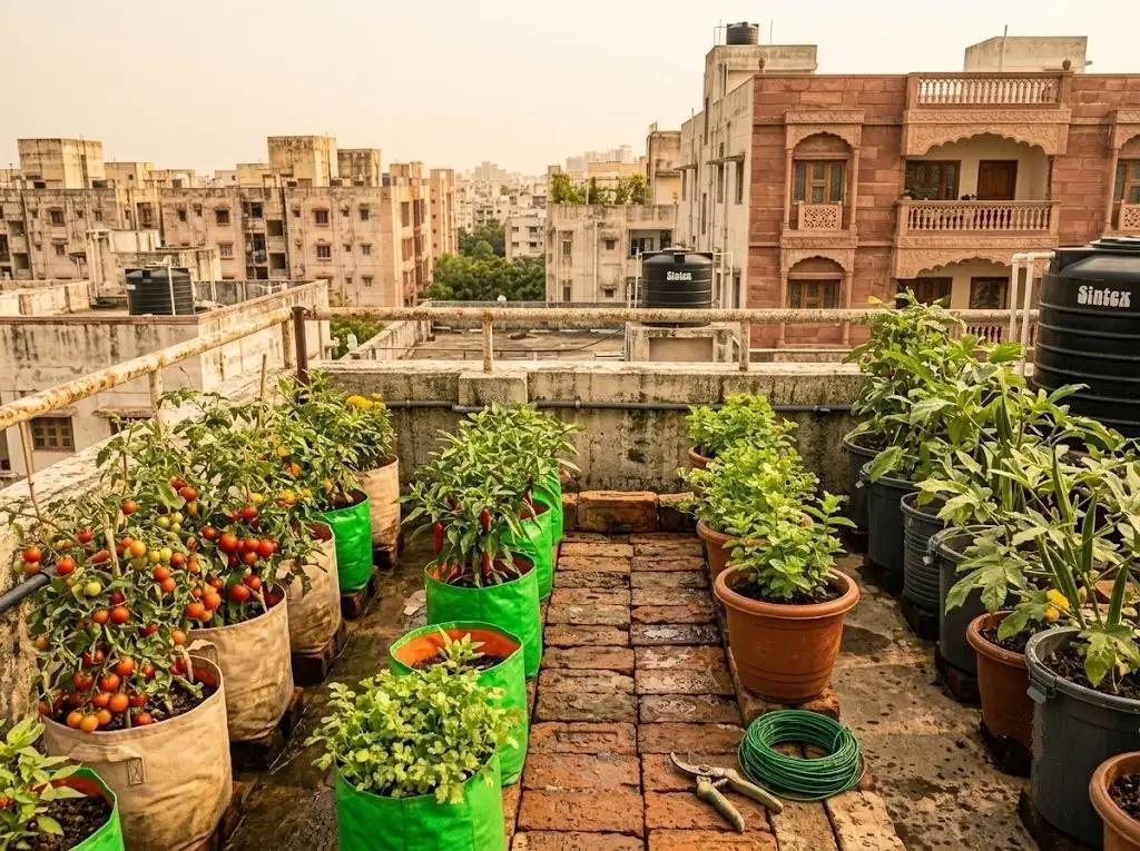Rooftop nutrition garden setup under Telangana's urban vegetable growing scheme