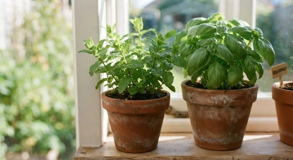 Terracotta pots growing mint and basil on an Indian windowsill