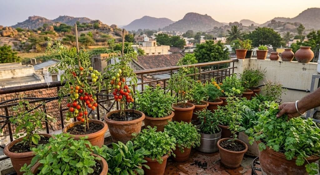 thriving Indian container garden grown in DIY soil mix
