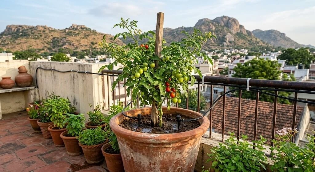 tomato plant with two drip emitters in container India
