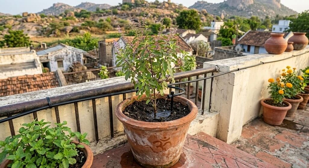 Tulsi herb plant with low flow drip emitter India balcony